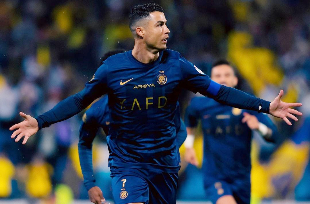 Selebrasi Cristiano Ronaldo usai mencetak gol.