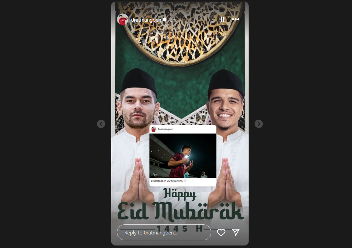 SELAMAT LEBARAN: Ragnar Oratmangoen mengunggah ucapan selamat Idul Fitri di akun Instagramnya. (IG @0RATMANGOEN)