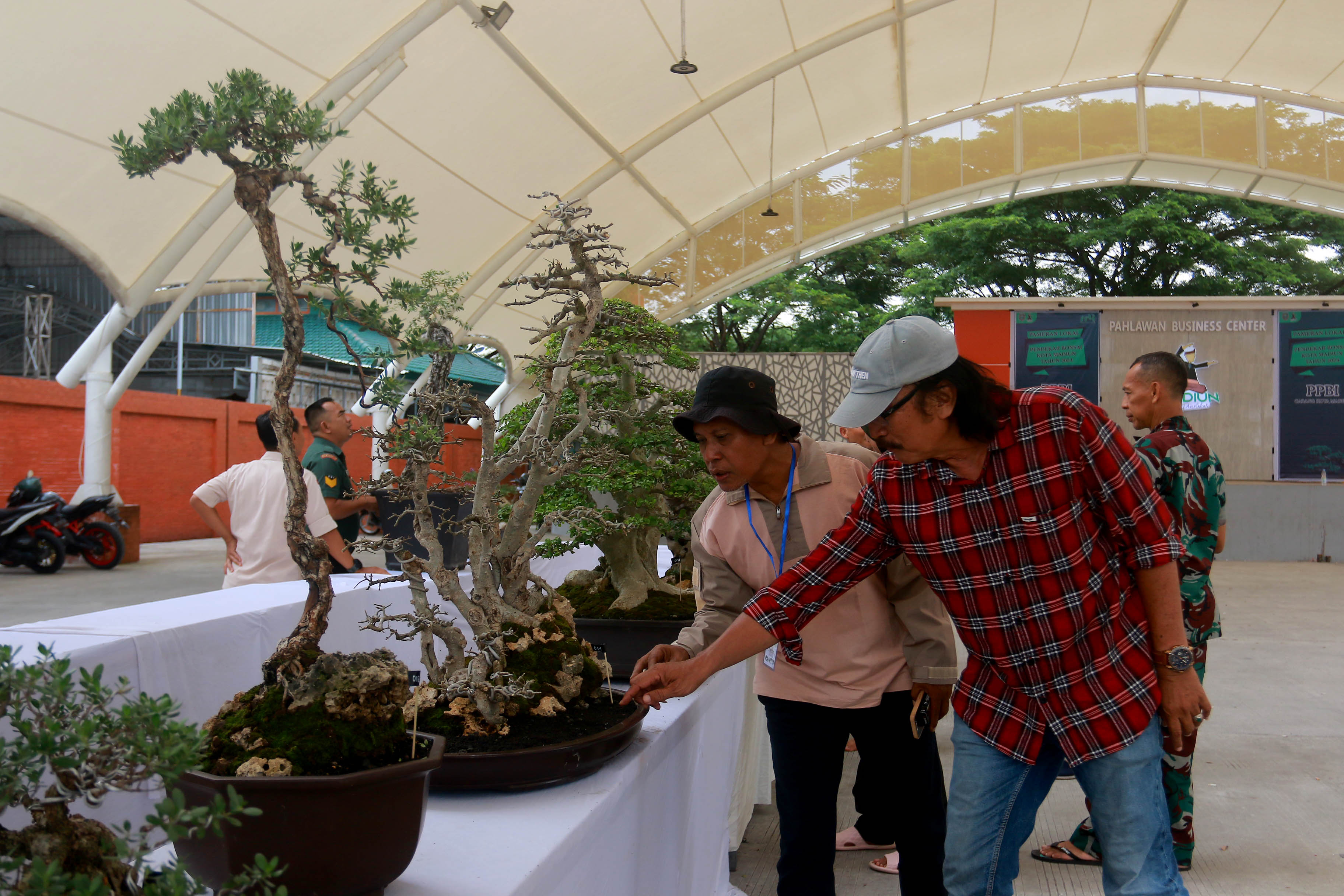 TANAMAN KERDIL: Berbagai jenis tanaman bonsai dipamerkan di PBC kemarin (17/4). Di antaranya, Serut, Santigi, Sisir dan Anting Putri. (BAGAS BIMANTARA/RADAR MADIUN)