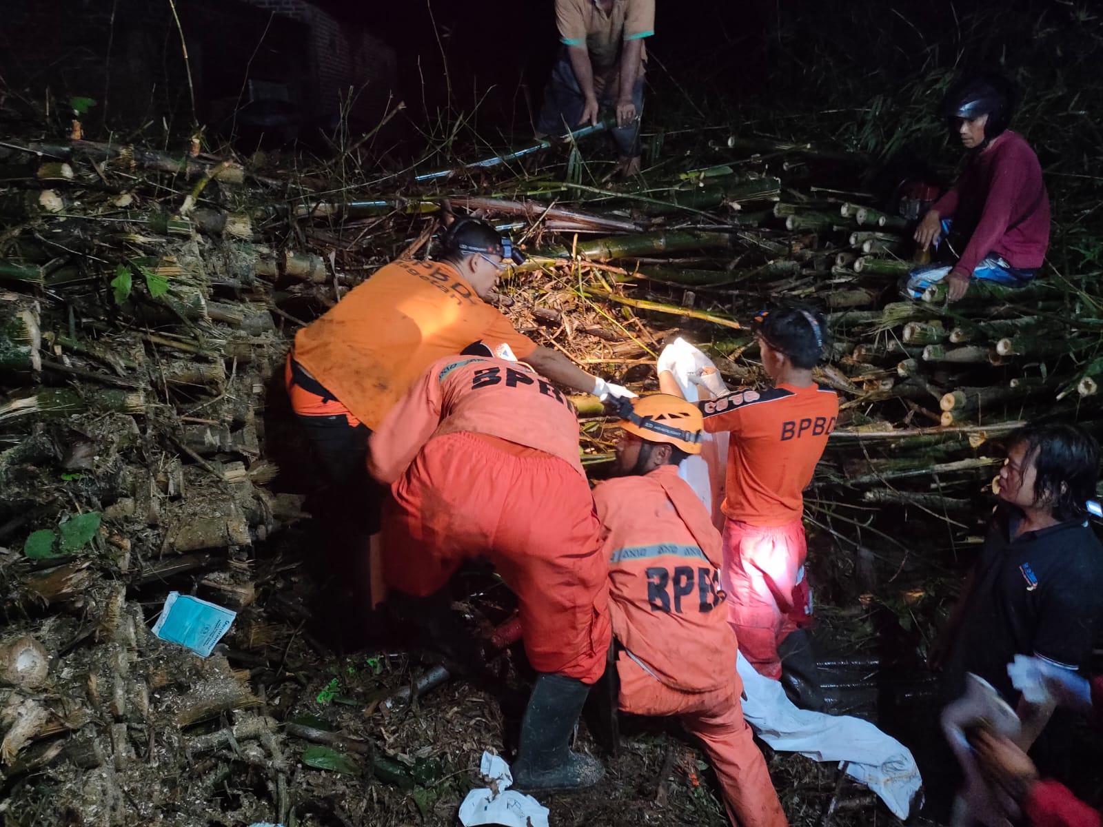 EVAKUASI: Petugas gabungan mengevakuasi dua orang yang tertimpa rumpun bambu di Kelurahan Kraton, Kecamatan Maospati, Magetan, Minggu (21/4) malam. (BPBD MAGETAN)