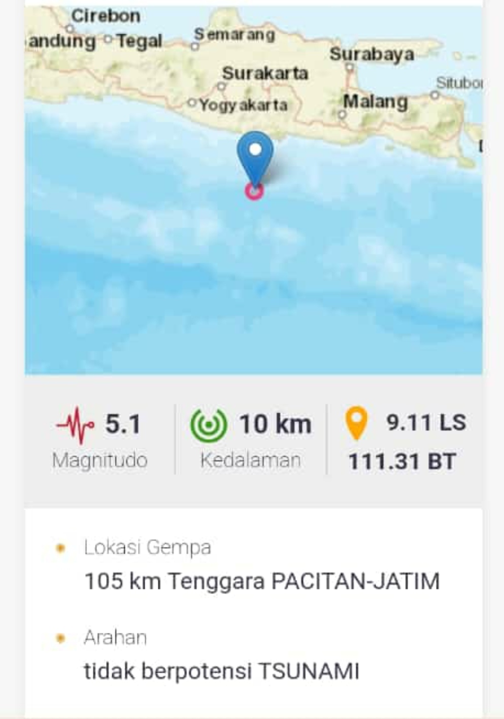 Gempa Pacitan terasa hingga Madiun. (BMKG)