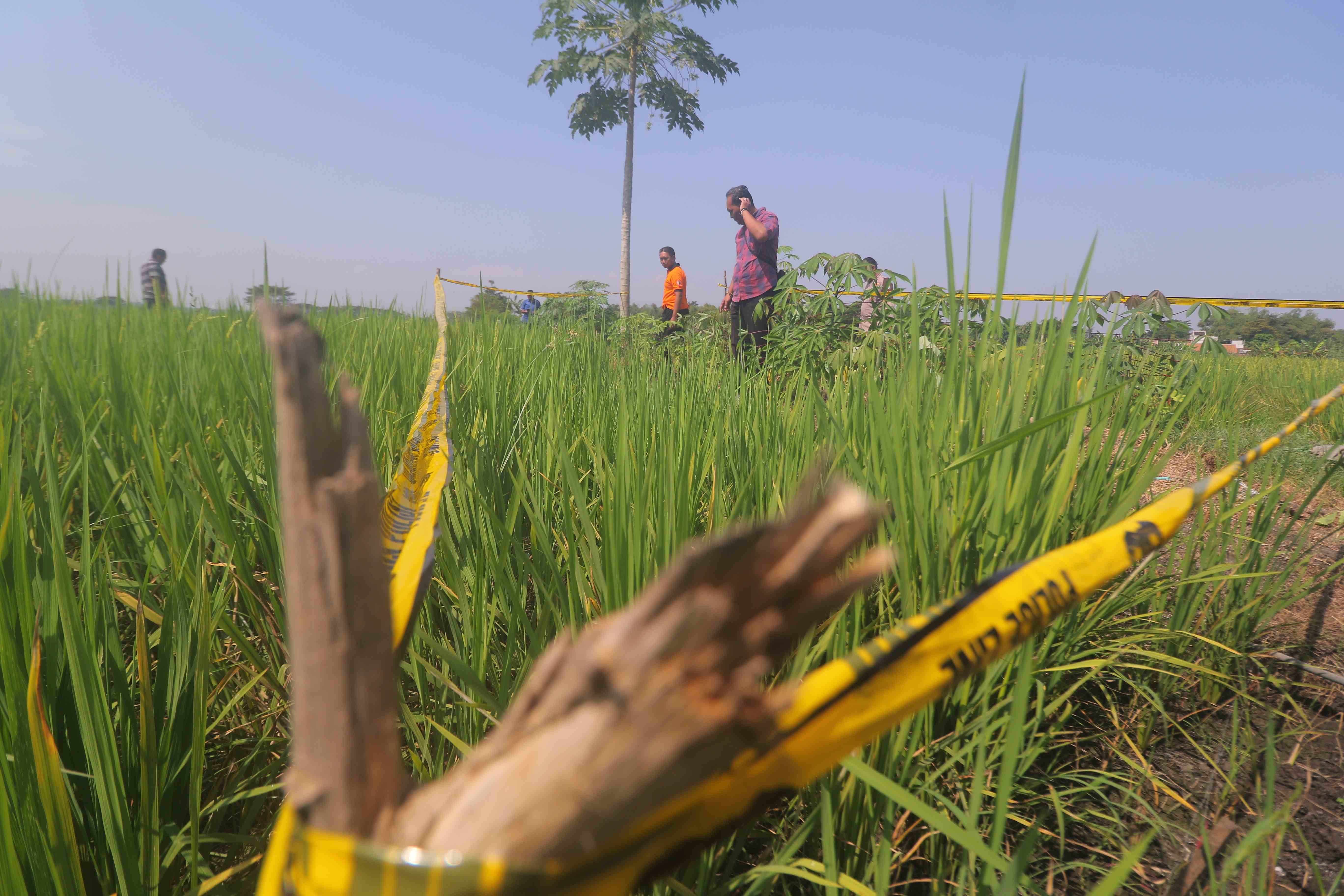 CEK: Petugas kepolisian memasang garis polisi di area persawahan yang menjadi lokasi penemuan mayat akibat sengatan listrik dari jebatan tikus. (R. BAGUS RAHADI/RADAR MADIUN)