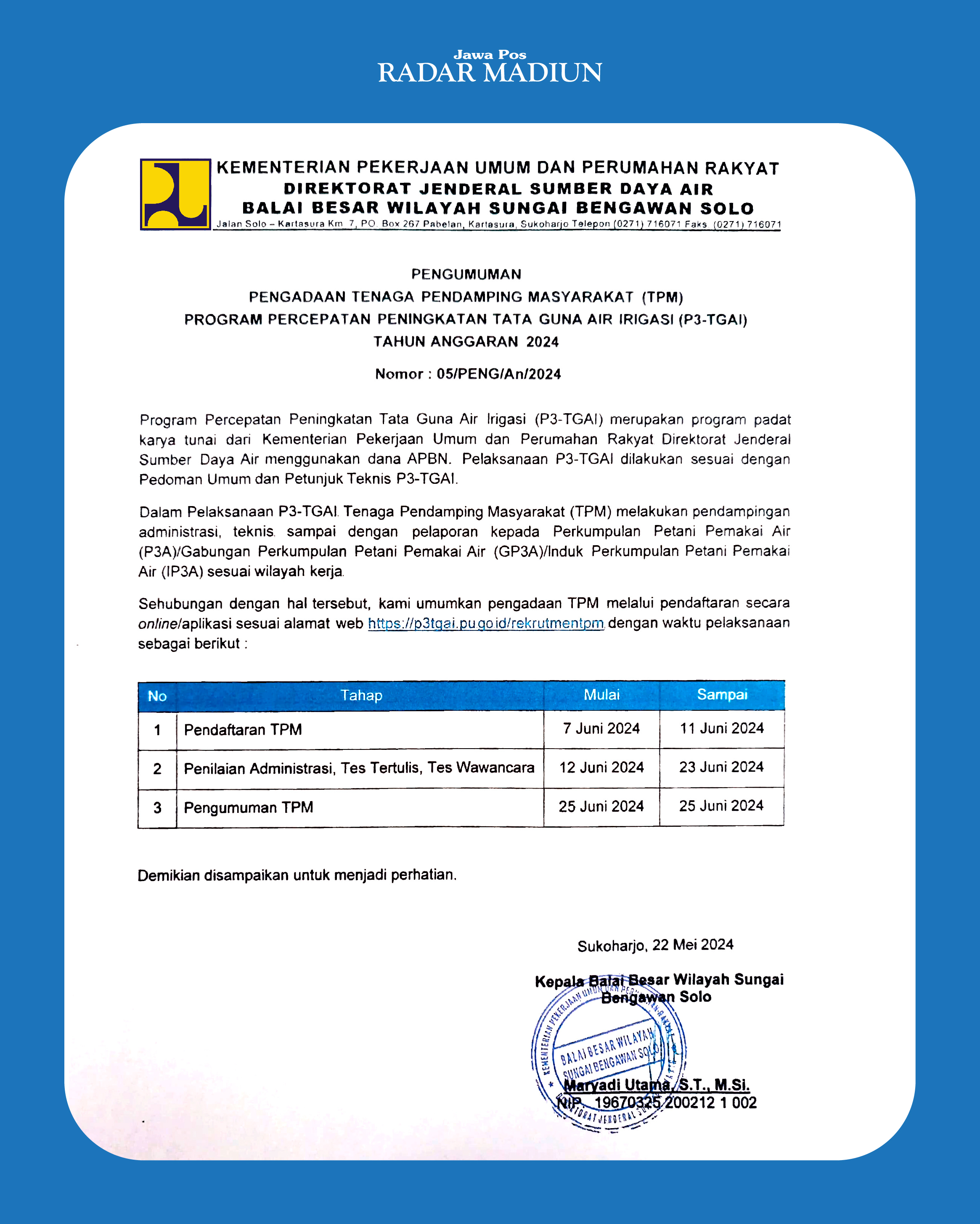Pengumuman Pengadaan TPM P3-TGAI (RADAR MADIUN)