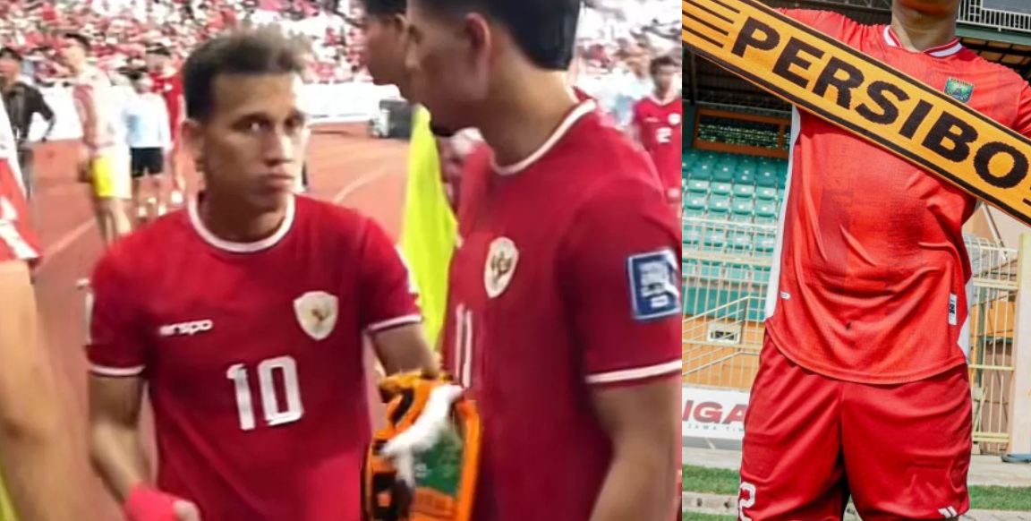 VIRAL: Egy Maulana hendak menyerahkan syal Persibo Bojonegoro kepada Ragnar Oratmangoen, usai laga Indonesia vs Irak, Kamis (6/6). (JAWA POS)