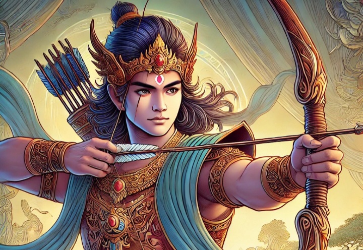 Ilustrasi Arjuna dan panah Pasopati.