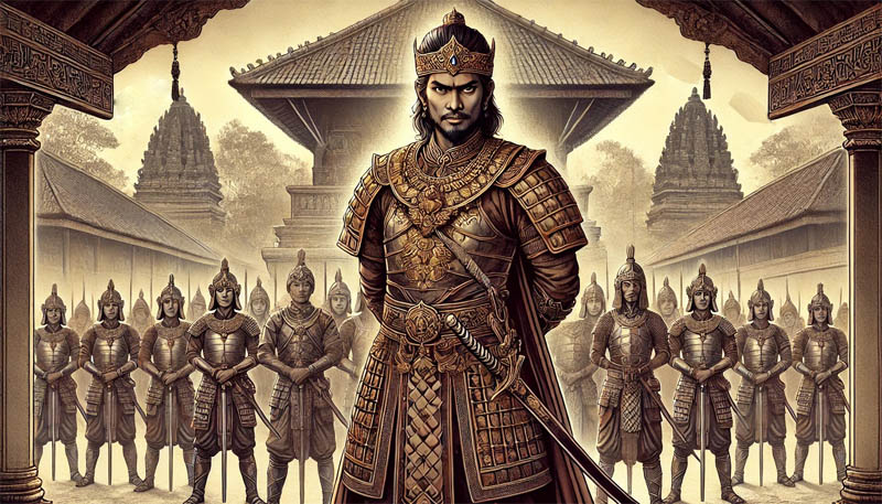 Ilustrasi grafis prajurit Bhayangkara kerajaan Majapahit era Gajah Mada. (AI generated image/CHAT GPT)