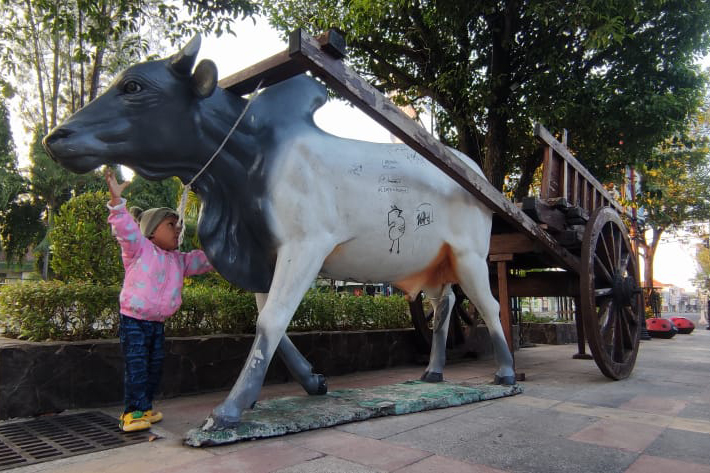 VANDALISME : Patung sapi di Trotoar Yos Sudarso, Ngawi, yang terdapat coretan spidol tangan jahil orang tak bertanggung jawab.