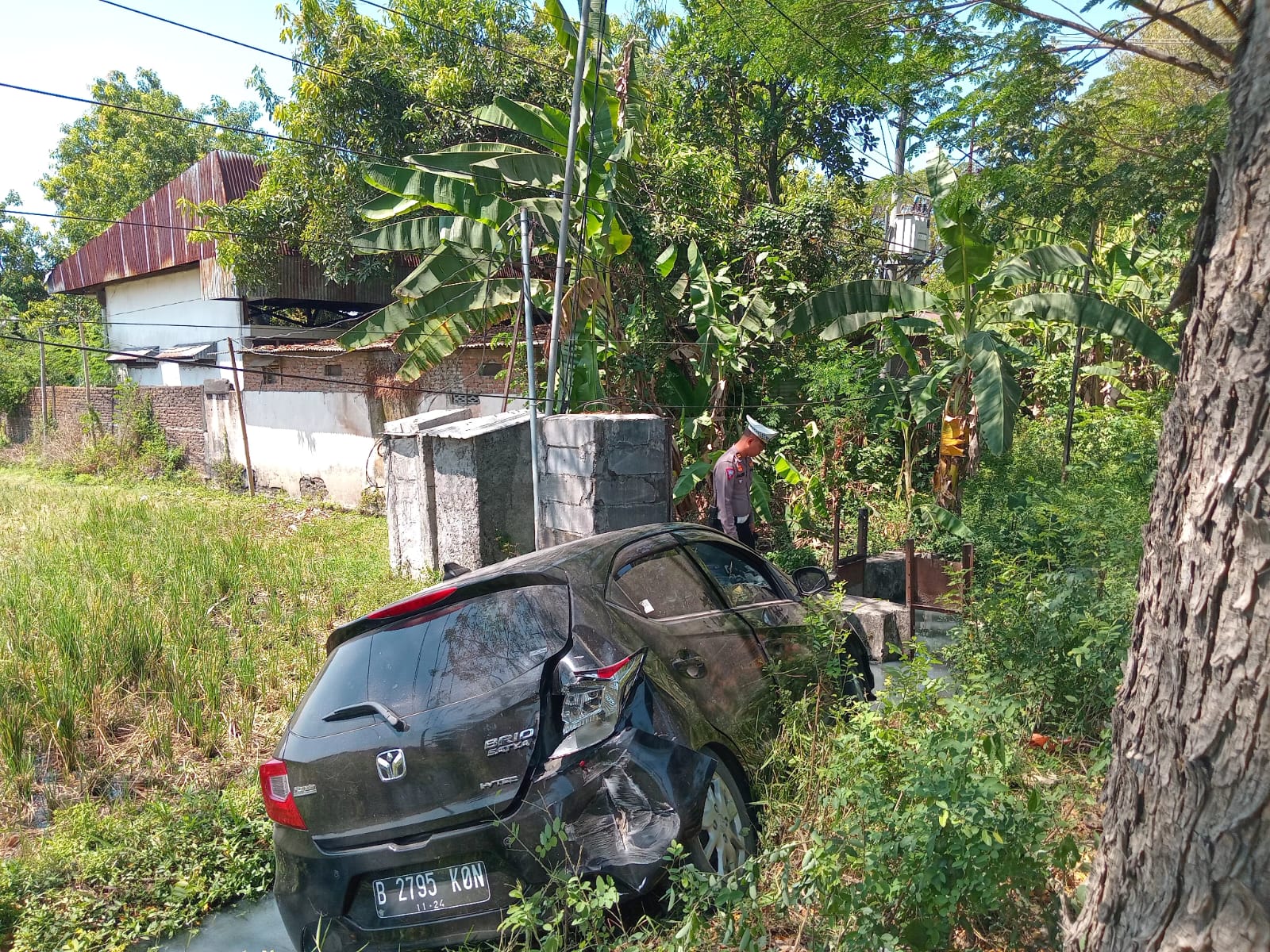 APES: Honda Brio nyungsep ke parit di Jalan Raya Ngawi-Maospati, Desa/Kecamatan Geneng, setelah disenggol Bus Sugeng Rahayu, Senin (19/8). (ASEP SYAEFUL BACHRI/JAWA POS RADAR NGAWI)