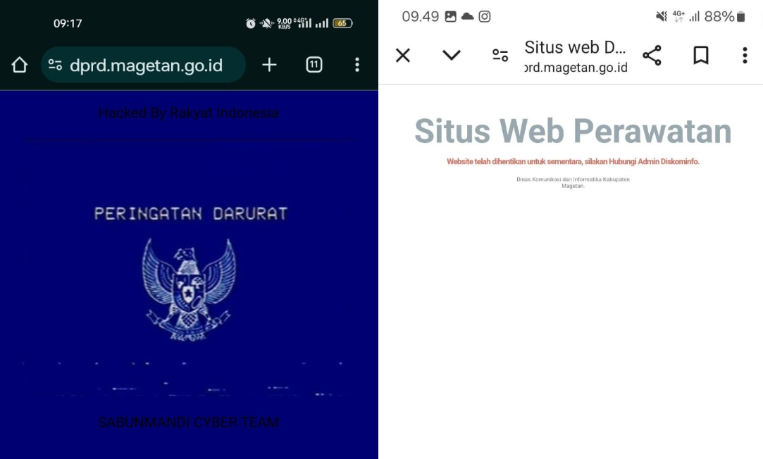 KENA HACK: Situs resmi DPRD Magetan terkena serangan siber peringatan darurat lengkap dengan lambang Pancasila, Senin (26/8) pagi. (TANGKAPAN LAYAR DPRD MAGETAN)