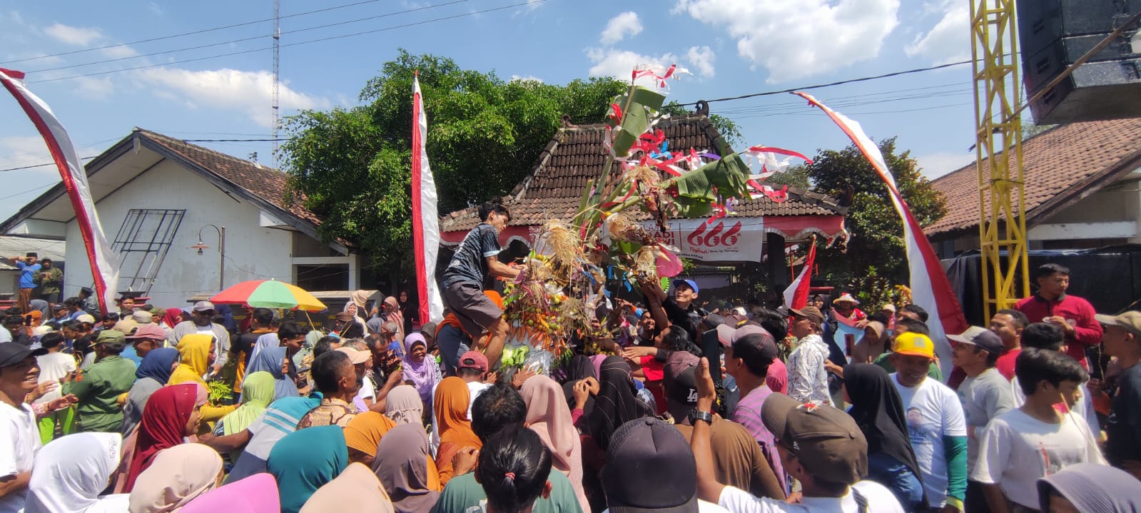 BEREBUT JEMBULAN: Warga berebut jembulan dalam peringatan Bersih Desa Pakah, Kecamatan Mantingan, Jumat (6/9).&nbsp;(SATRIO JATI/RADAR MADIUN)
