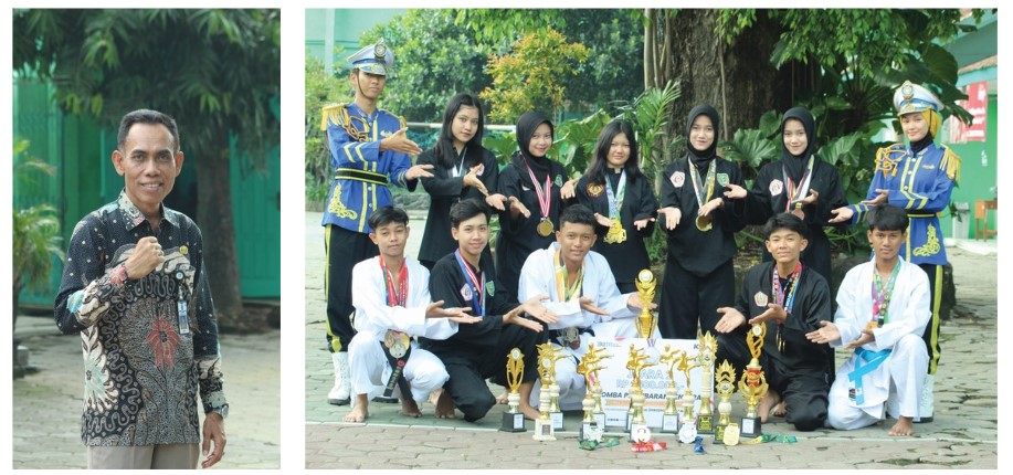 BERPRESTASI: Kepala SMAN 5 Madiun Sunarta dan para siswa peraih juara pencak silat.