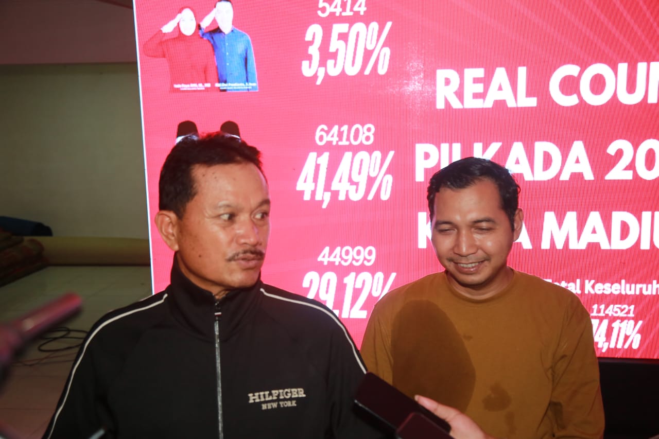 PAPARKAN: Cawali Maidi dan Cawawali Bagus Panuntun saat pers rilis hasil pilkada 2024, Rabu malam.