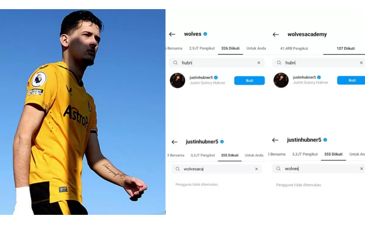 UNFOLLOW: Bek Timnas Indonesia Justin Hubner kedatapn mengunfollow akun resmi Wolves di Instagram.