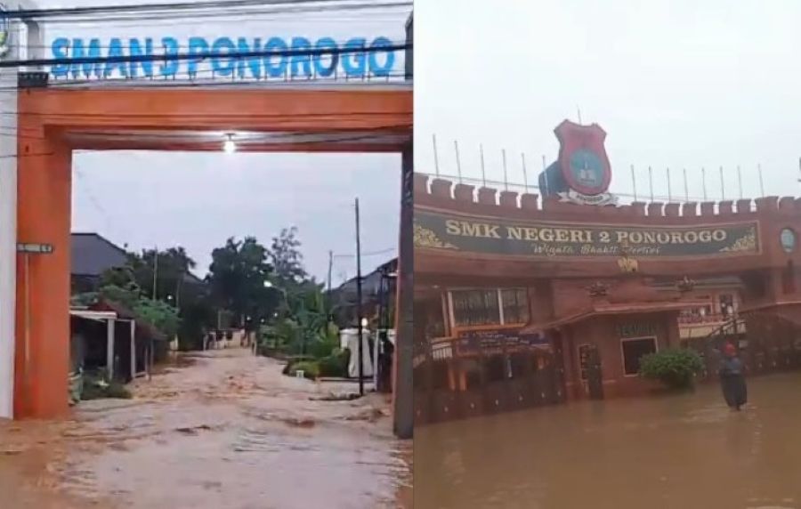 TERENDAM: Banjir besar menggenangi wilayah kota dan sejumlah kecamatan di Ponorogo, Senin hari ini 16 Desember 2024.