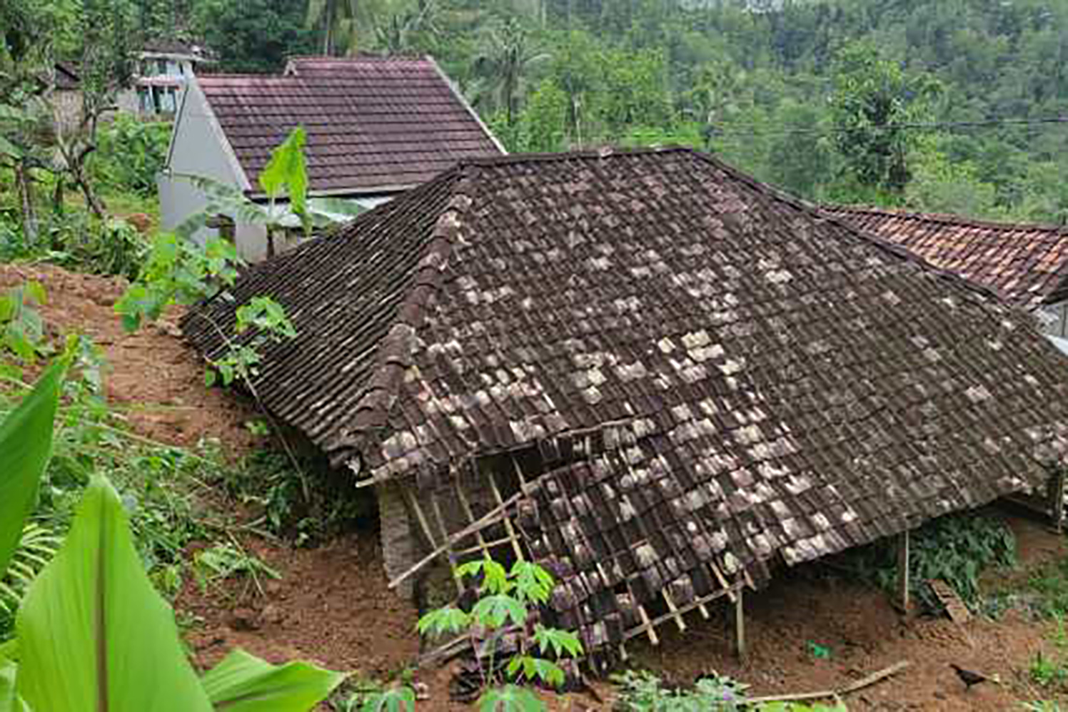 RUSAK BERAT: Rumah Dwi Suranto, Dusun Mloko, Karanggede, Arjosari, Pacitan, diterjang longsor Minggu sore.