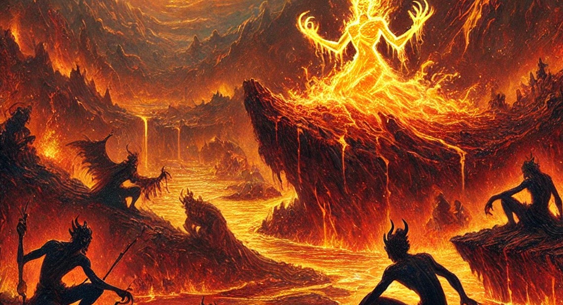 Ilustrasi Kawah Candradimuka sebagai salah satu tempat ngeri dan penuh misteri dalam cerita wayang.