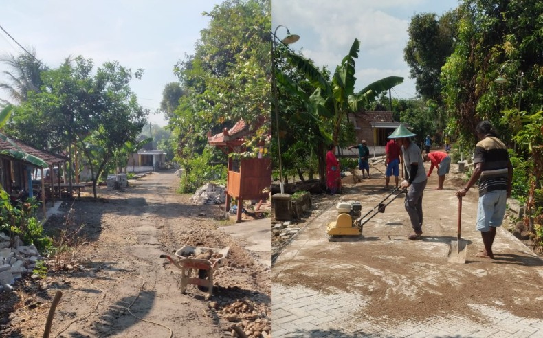 PAVINGISASI: Foto sebelum dan sesudah pavingisasi oleh Pemdes Begal untuk efisiensi dan pemerataan pembangunan di wilayah.