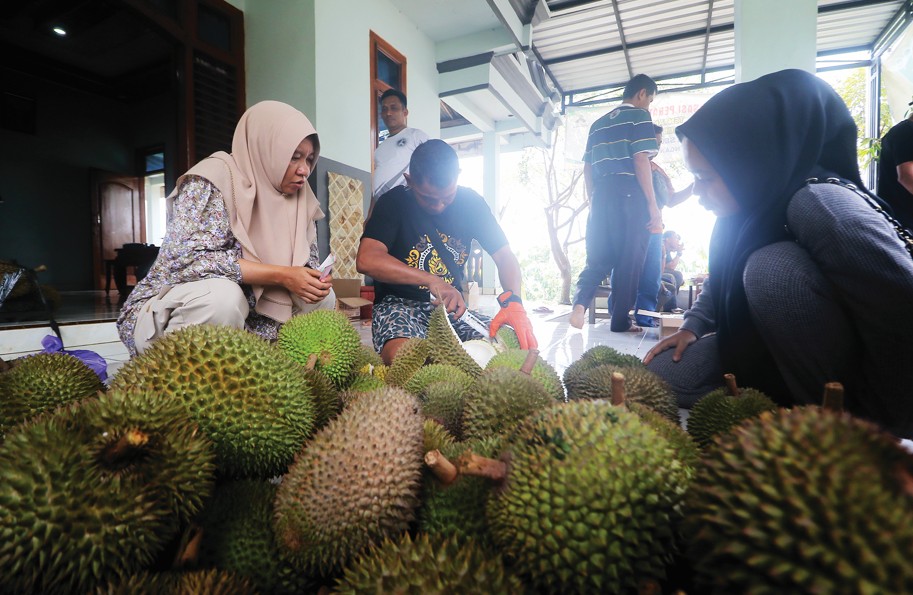 PANEN RAYA: Pembeli menikmati kelezatan buah durian asal Desa Segulung, Kecamatan Dagangan, Kabupaten Madiun.