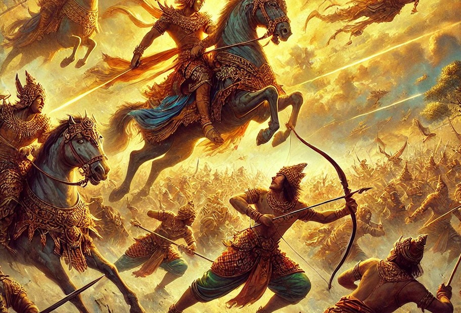 Ilustrasi para tokoh wayang Pandawa dan Kurawa bertarung dalam Perang Baratayudha.