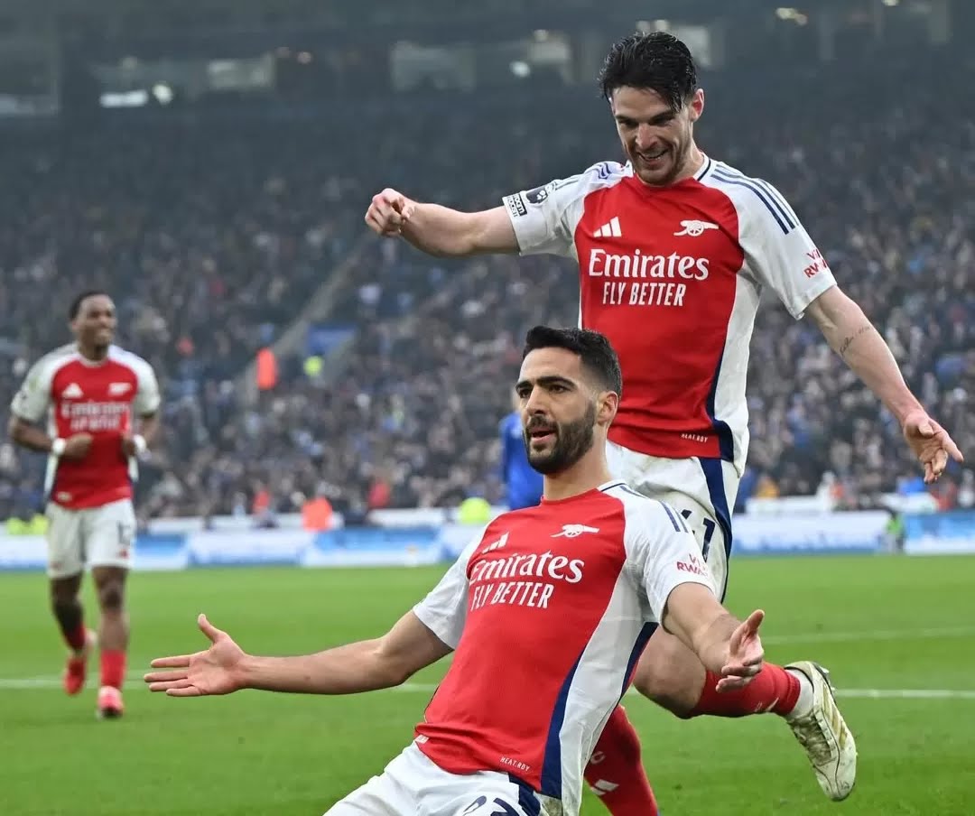 Mikel Merino merayakan gol Arsenal ke gawang Leicester, Sabtu 15 Februari 2025.