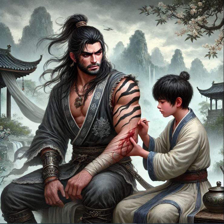 Sin Liong mengobati lengan Sin-Hek-Houw yang terkena racun.