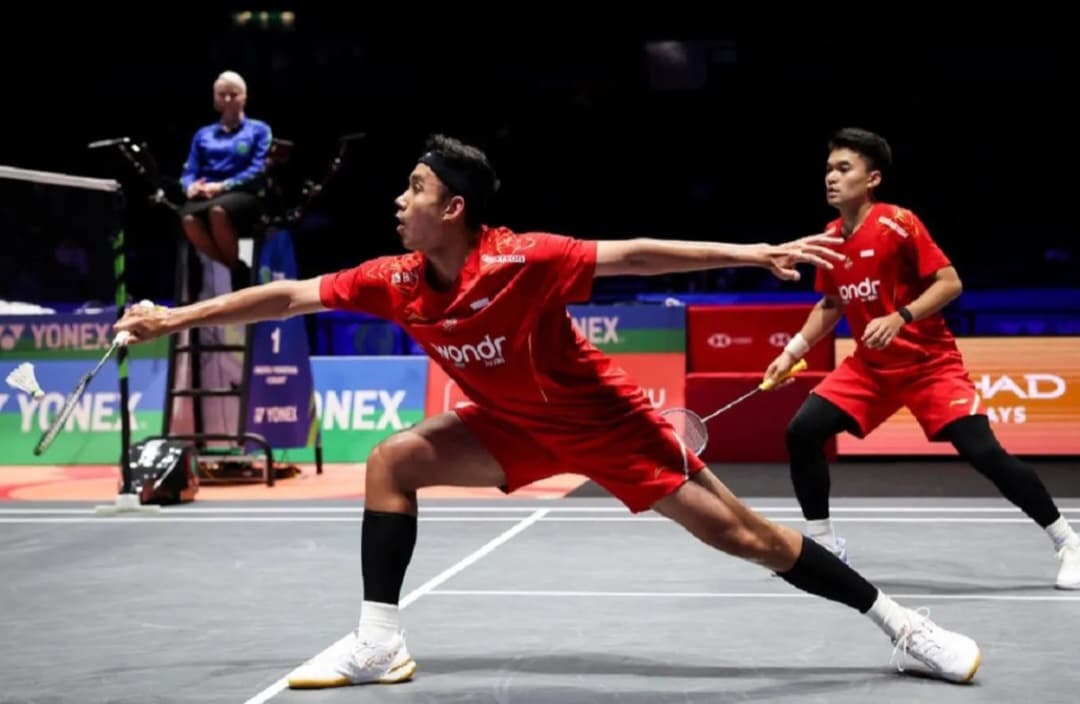 Ganda Putra Indonesia Leo Rolly Carnando (belakang) dan Bagas Maulana (depan).