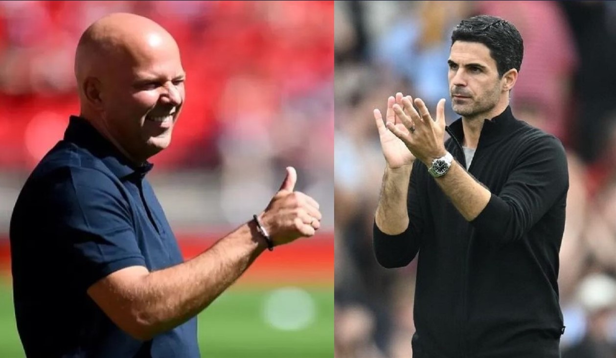 Pelatih Liverpool Arne Slot dan Mikel Arteta, pelatih Arsenal.