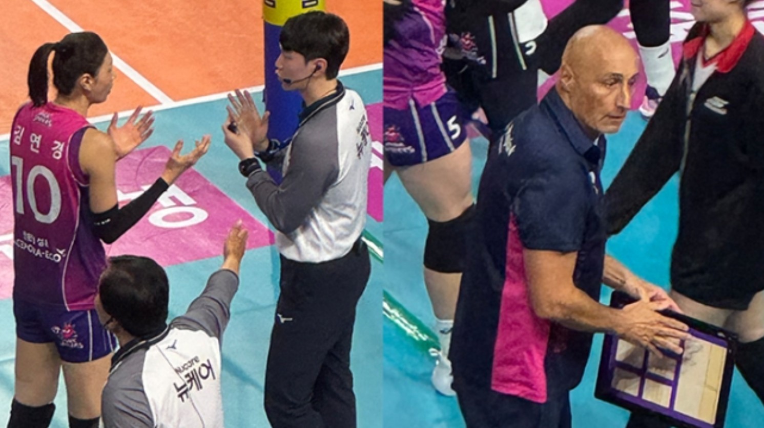 Kim Yeon Koung dan Marcello Abbondanza melayangkan protes di leg 2 final Liga Voli Korea antara Pink Spiders vs Red Sparks.