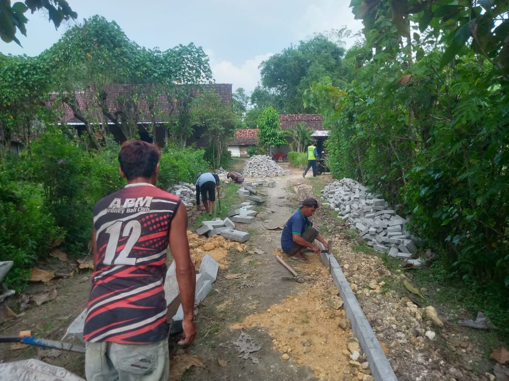 PAVINGISASI: Pavingisasi sejumlah jalan kampung di beberapa dusun dilaksanakan Pemdes Tambakromo, Kecamatan Padas, untuk menunjang mobilitas warga.