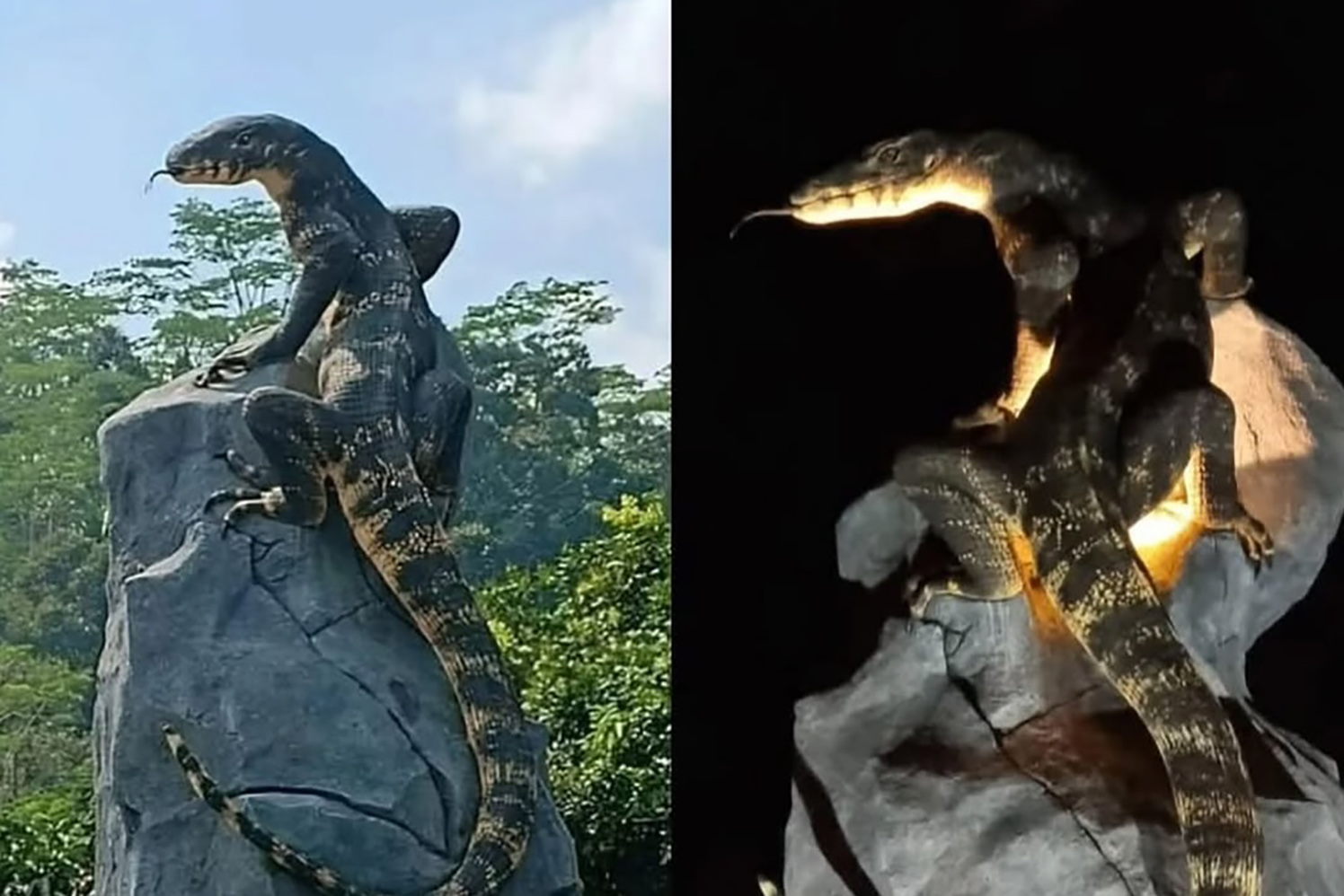 Penampakan Tugu Biawak di Bondowoso pada Siang dan Malam Hari.