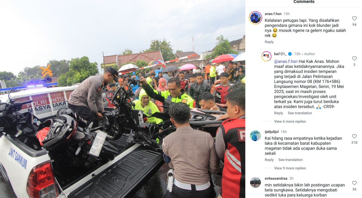 Akun Instagram PT KAI diserbu komentar negatif warganet buntut kecelakaan Malioboro Ekspres yang menewaskan lima orang di Stasiun  Magetan, Senin 19 Mei 2025.