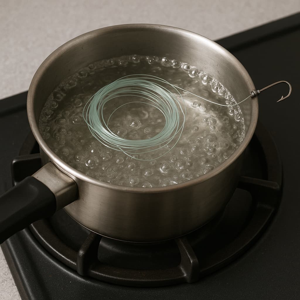 Uji coba merebus senar pancing agar lebih kuat.