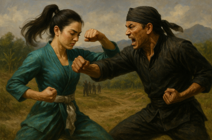 Ilustrasi pertarungan Anila Nurani dengan Satria Loka dalam cerita silat Palagan Lawu Wilis bagian 116.