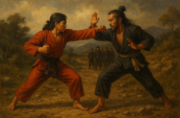 Ilustrasi pertarungan dua pesilat Ponorogo, Agni Dahana dan Raka Setra, dalam cerita silat Palagan Lawu Wilis.