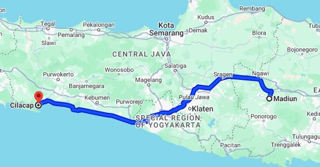 Rute trip hemat dari Madiun menuju Cilacap.