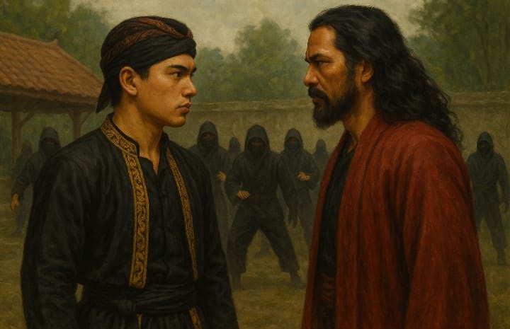 Ilustrasi Dewa Madewa berhadapan dengan Reksapati dalam cerita silat Palagan Lawu Wilis.