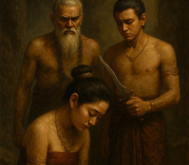 Ilustrasi ayah, anak, dan ibu yang berdosa dalam cerita wayang.