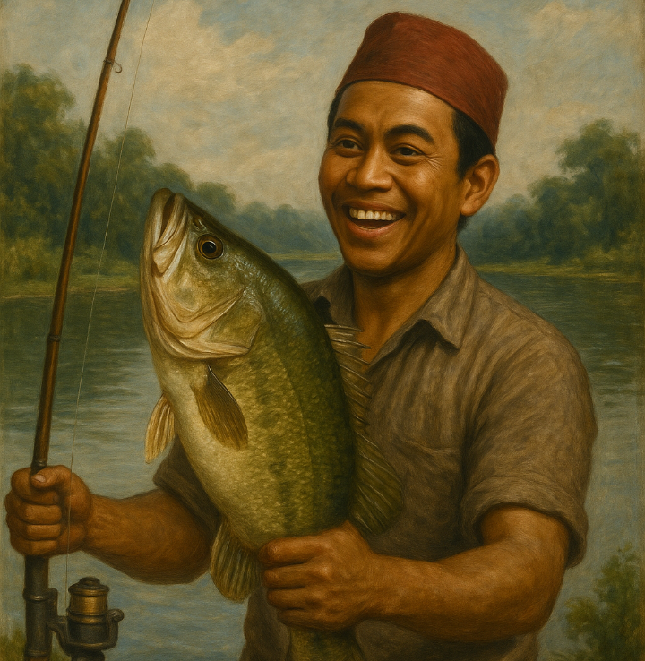 Ilustrasi seorang pria memancing dan bahagia karena mendapat ikan besar.