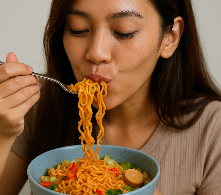 Menyantap kreasi menu supermi rasa ayam bawang.