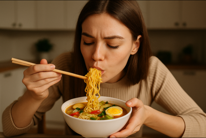 Menyantap menu kreasi Mie Sedaap rasa ayam bawang.