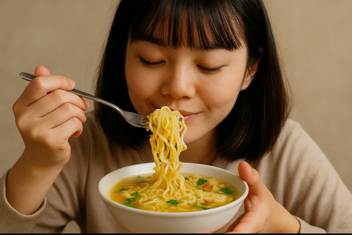 Seorang perempuan sedang menikmati Indomie.