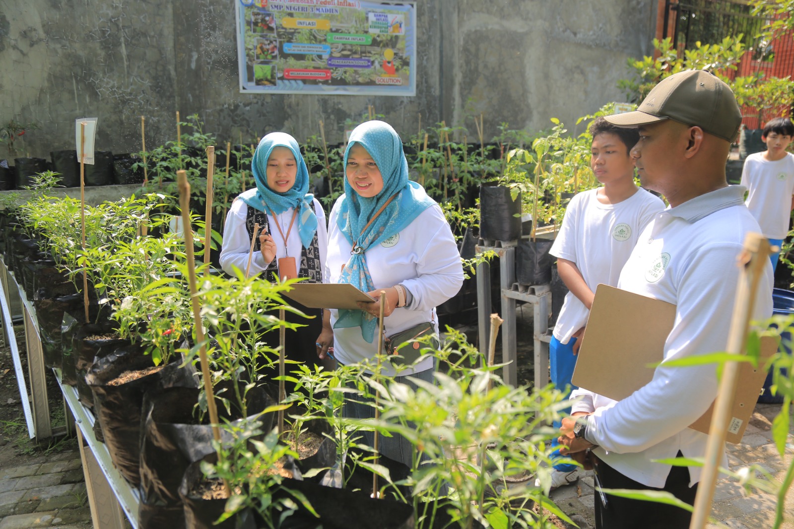 Penilaian SPI temukan kendala hama cabai. 27 sekolah dilibatkan, fokus bulan depan pada panen dan kreativitas siswa. FOTO: BAGAS BIMANTARA/RADAR MADIUN