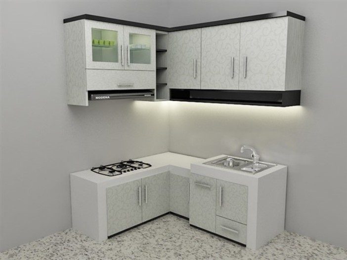 Ilustrasi kitchen set dengan pilihan custom atau standar.