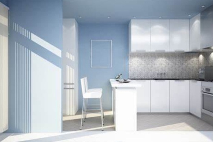 Ilustrasi warna dinding untuk kitchen set putih.