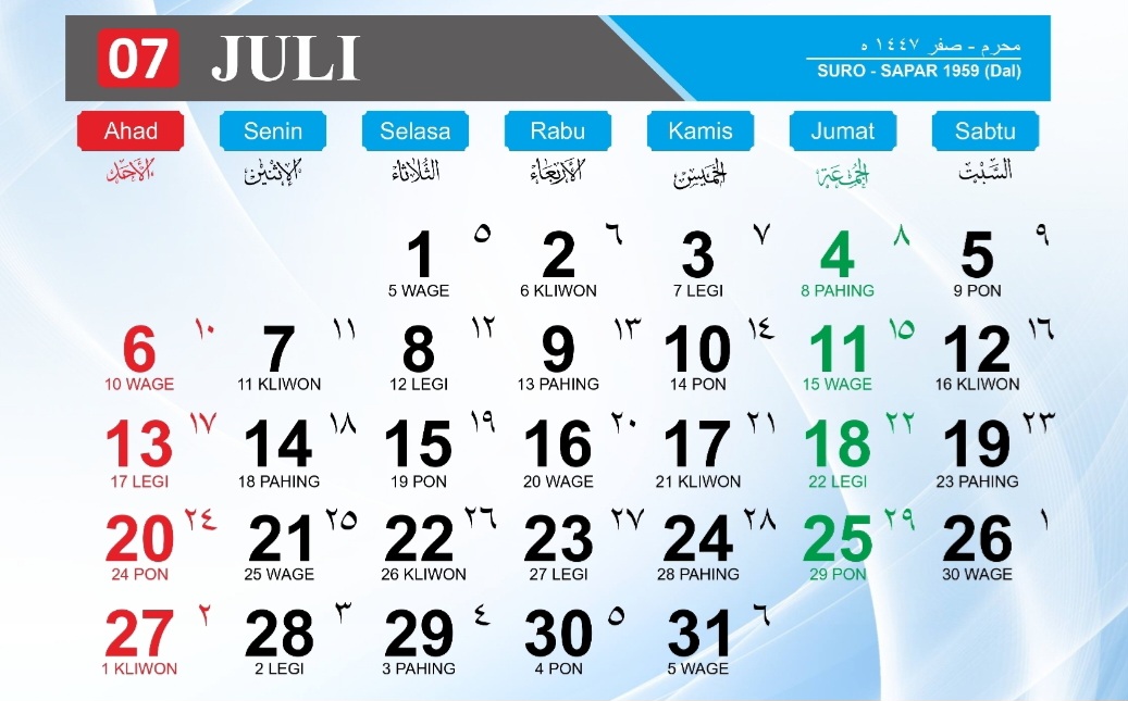 Kalender Jawa bulan Juli 2025.