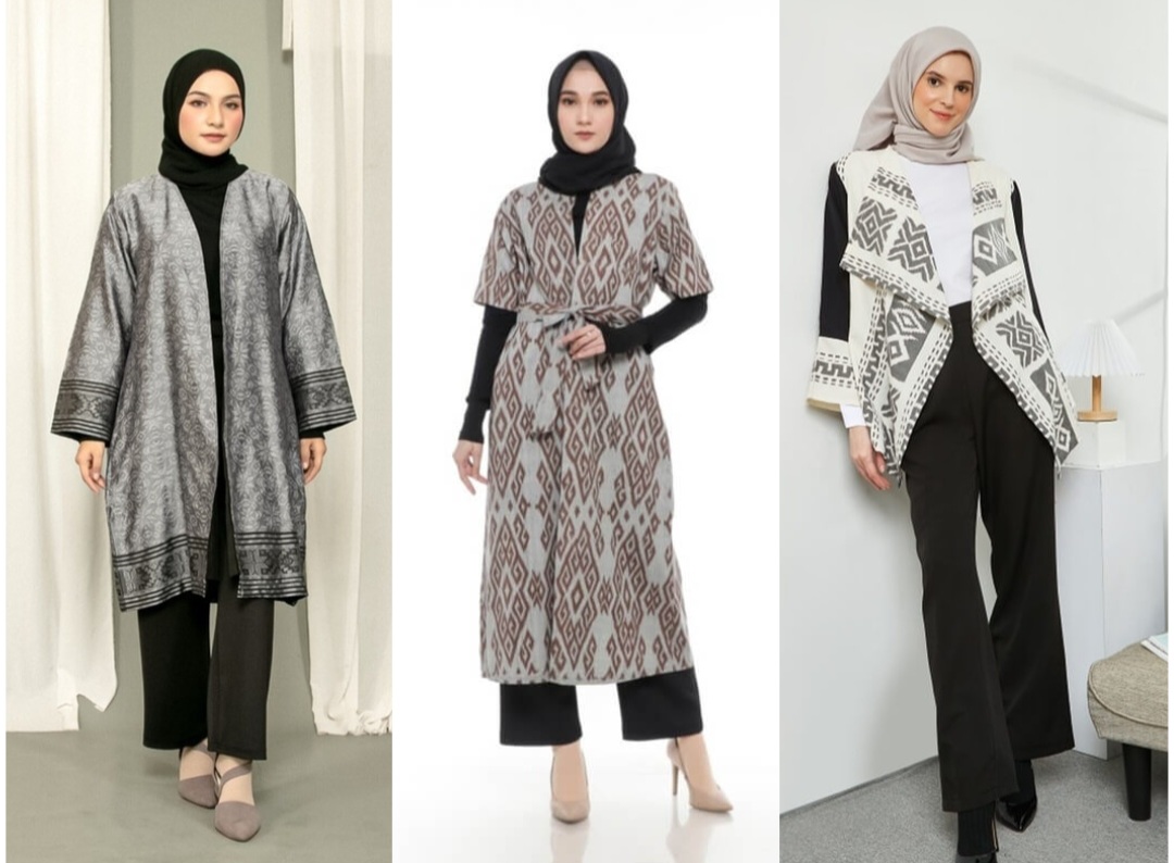 Ilustrasi mix and match outer tenun dengan hijab.