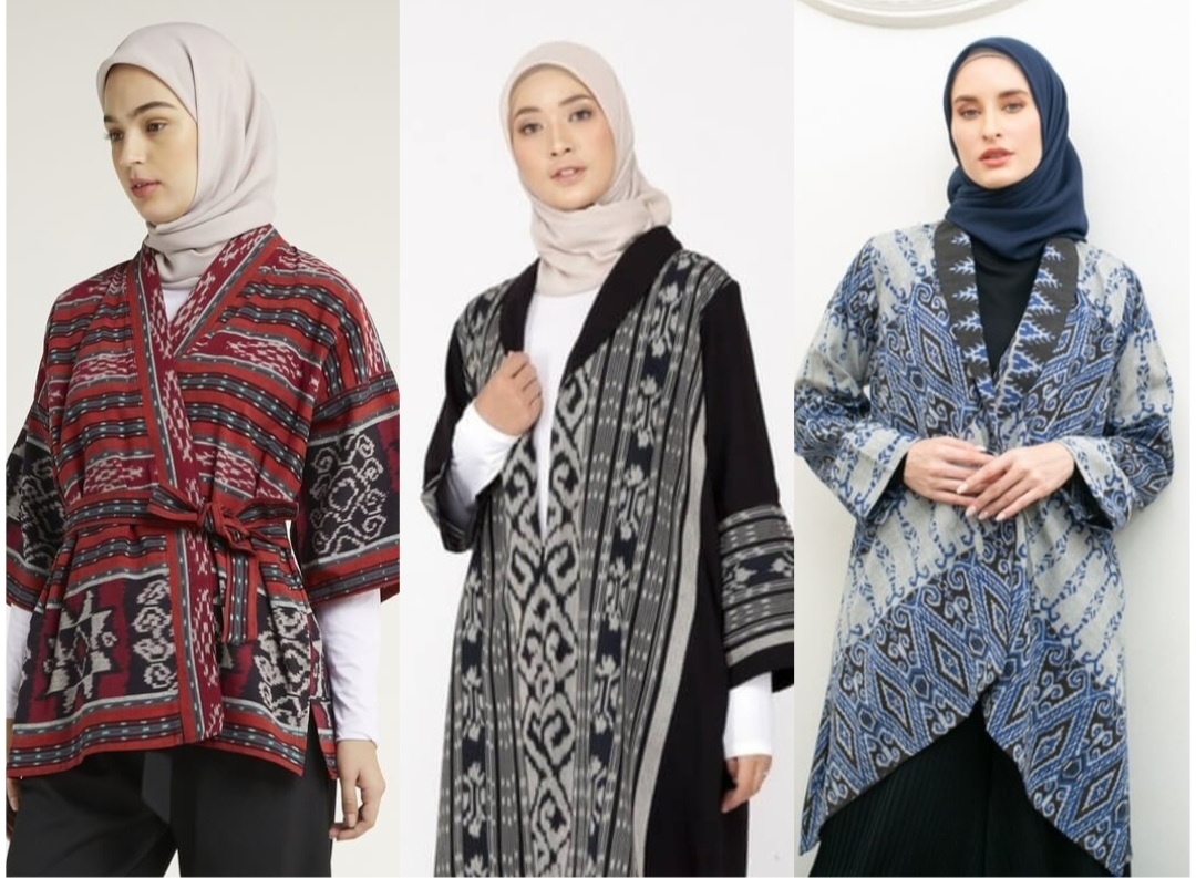 Ilustrasi inspirasi dan model outer tenun dengan hijab.