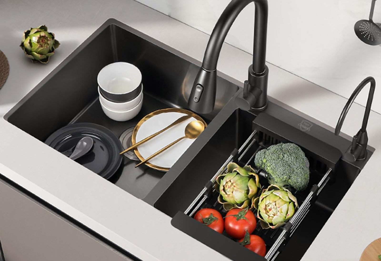 Ilustrasi kitchen sink 2 bowl untuk cuci sayuran dan cuci piring.