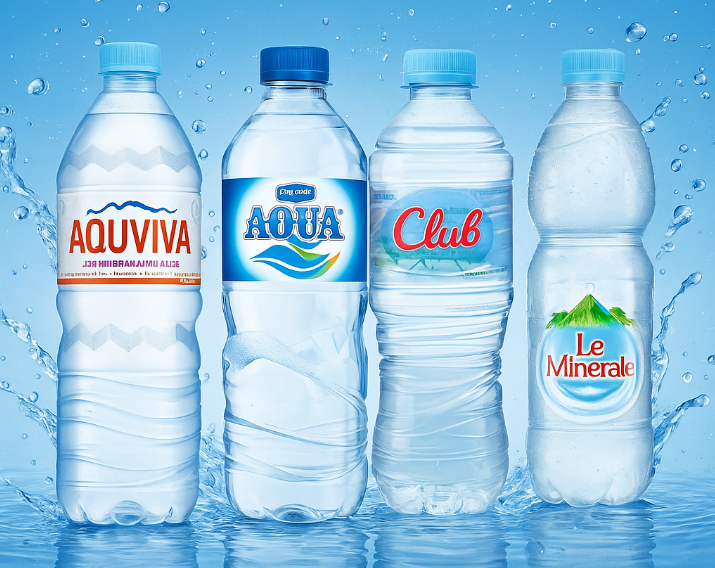 Empat air minum dalam kemasan merek aquviva, aqua, club, dan le minerale.