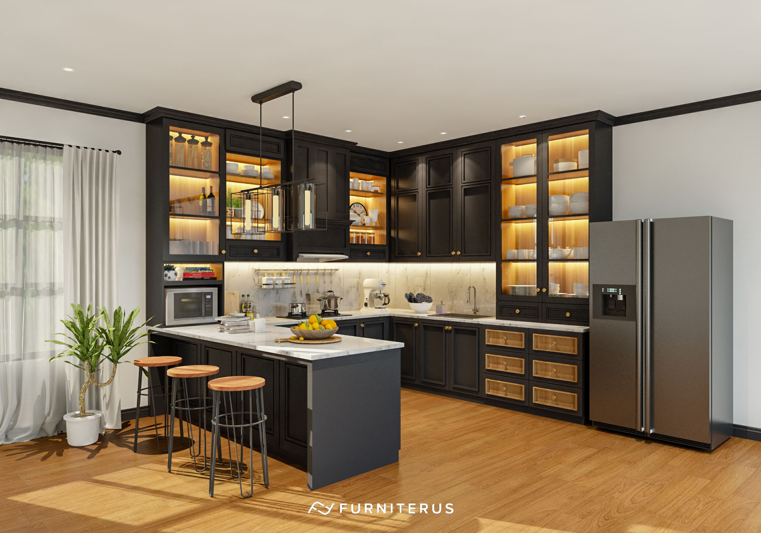 Ilustrasi gaya dan material kitchen set bikin dapur terlihat rapi.